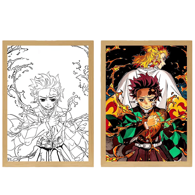 Demon Slayer: Tanjiro and Rengoku LED Painting - A4 Size - Mikomarastudio