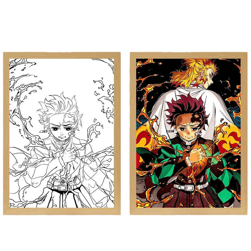 Demon Slayer: Tanjiro and Rengoku LED Painting Lamp - A4 Size - Mikomarastudio